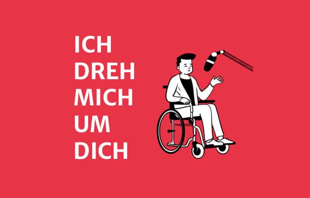 Titelbild von dem Miteinander Podcast: Ich dreh mich um dich. Roter Hintergrund mit einer schwarz-weiß gemalten Figur im Vordergrund.