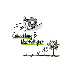 Zwei Zeichnungen: Erstens, eine Person die ein Zahnrad bergauf schiebt. Zweitens: Eine kleine Pflanze die zu einem Baum wächst. Dazu der Schriftzug: Entwicklung und Nachhaltigkeit