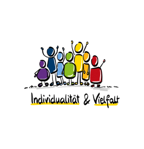 Eine bunte Gruppe von ersonen mit den Schiftzug: Individualität und Vielfalt