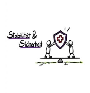 Zwei Stichmänchen die ein Schild mit einem Plus halten. Daneben der Schriftzug: Stabilität und Sicherheit.