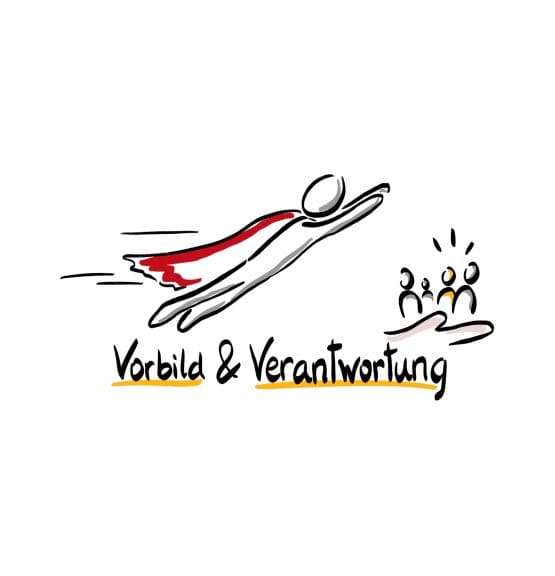 Ein fliegender Superheld mit dem Schriftzug: Vorbild und Verantwortung