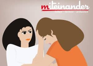 Banner mit einer Illustration von 2 Frauen. Eine Greift sich auf die Stirn, die andere tröstet sie.