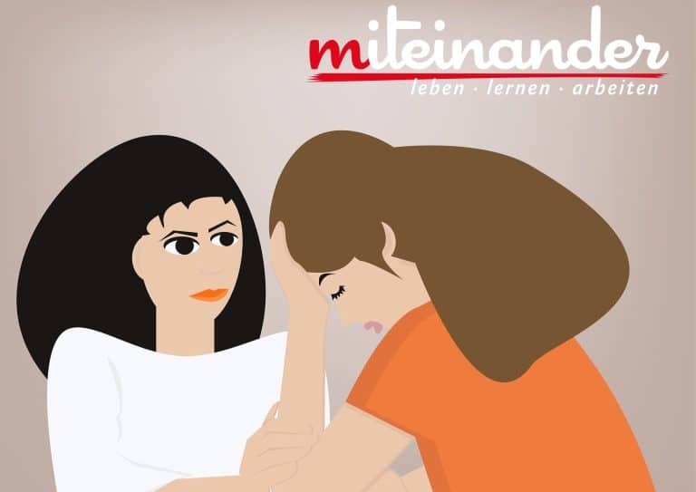 Banner mit einer Illustration von 2 Frauen. Eine Greift sich auf die Stirn, die andere tröstet sie.