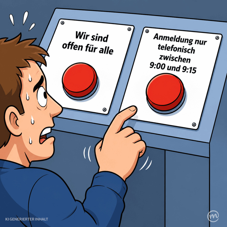 Eine Zeichnung von 2 Knöpfen. Knopf 1: "Wir sind offen für alle" Knopf 2: "Anmeldung nur telefonisch zwischen 9:00 und 9:15 Uhr."