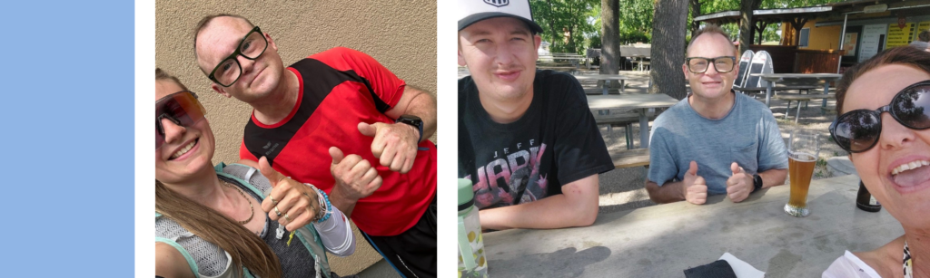Eine Bildreihe von Bewohner *innen die auf Bild 1 gemeinsam Laufen und auf Bild 2 gemeinsam am Tisch sitzen und ein Bier trinken.