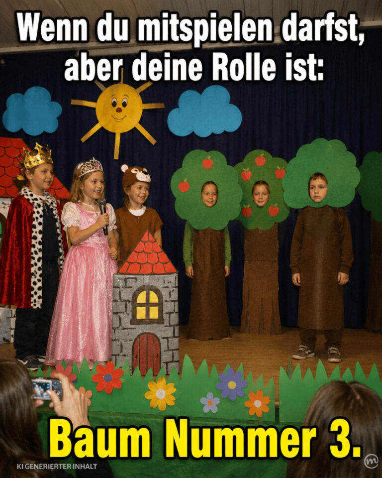 Ein Bild von einer Kinderaufführung. Auf der Linken Seite sind Kinder verkleidet als König, Prinzessin und Jäger. Auf der rechten Seite sind drei Kinder verkleidet als Bäume. Dazu der Text: Wenn du mitspielen darfst, aber deine Rolle ist: Baum Nummer 3.