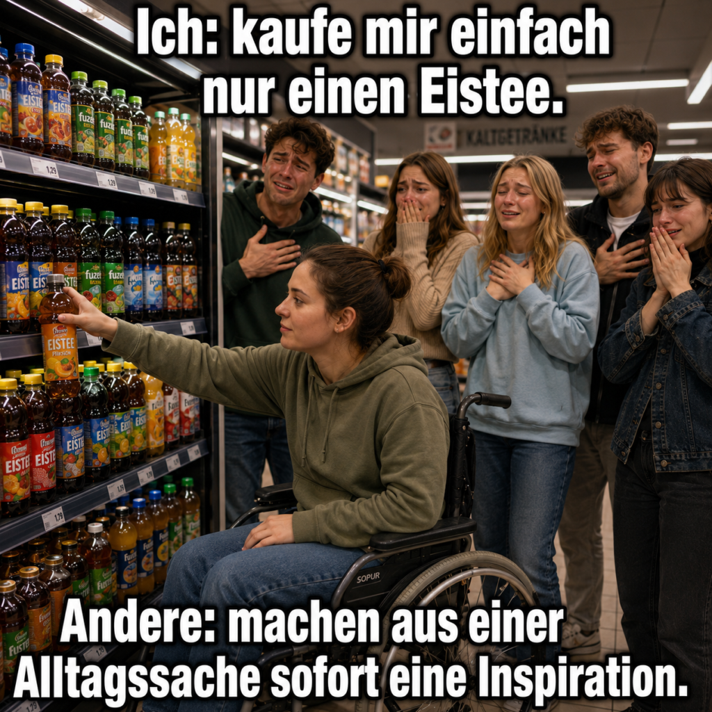 Eine Gruppe von Personen sieht begeistert einer Person im Rollstuhl zu, die einen Eistee aus dem Regal nimmt. Dazu der Text: Ich kaufe mir einfach nur einen Eistee. Andere: machen aus einer Alltagssache sofort eine Inspiration.