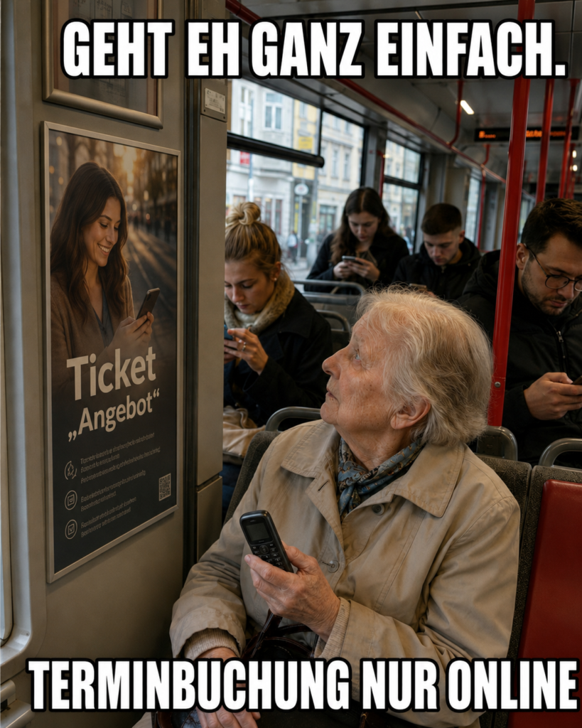 Eine Frau sieht verzweifelt auf eine Werbeaktion: Ticketangebot. Sie selbst hält ein Tastenhandy in der Hand. Der Text: "Geht eh ganz einfach." Terminbuchung nur online.