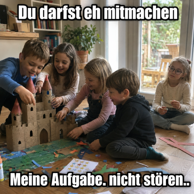 Ein Bild von 5 Kindern. 4 Bauen gemeinsam eine Burg aus kleinen Steinen und haben Spaß. Rechts sitzt ein mädchen und sieht traurig zu. Dazu der Text: "Du darfst eh mitmachen..." "Meine Aufgabe: Nicht stören."