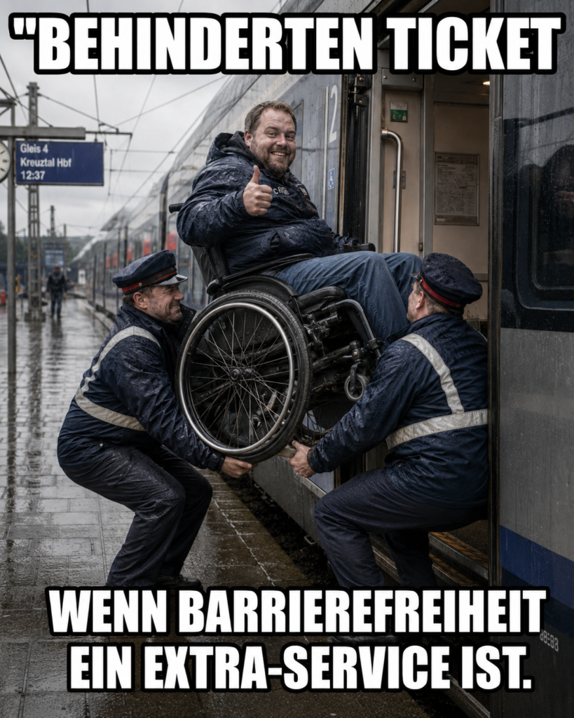 Ein Bild von 2 Schaffnern die mühsam einen Mann im Rollstuhl in einen Zug heben. Der Mann im Rollstuhl, zeigt ironisch den Daumen und Grinst als wäre es eine Lustige Situation. Der Text: "Behinderten Ticket" Wenn Barrierefreiheit ein Extra-Service ist.
